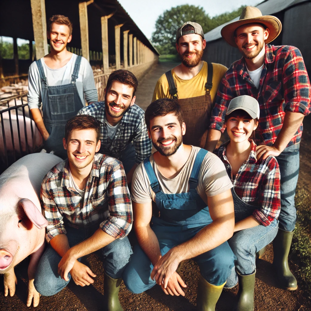 Grupo de granjeros en su granja de cerdos